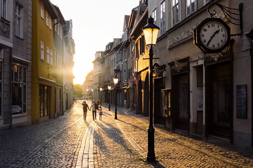 Old town street at sunrise