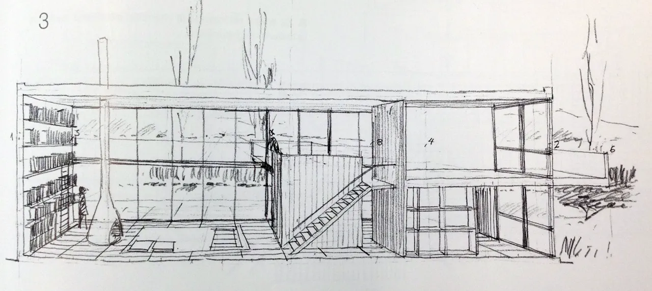Architectural drawing of an interior with a staircase